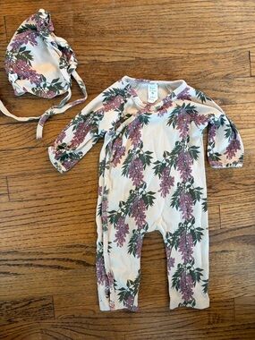 Kate Quinn 12-18 months wisteria cotton kimono romper and ruffle bonnet cap